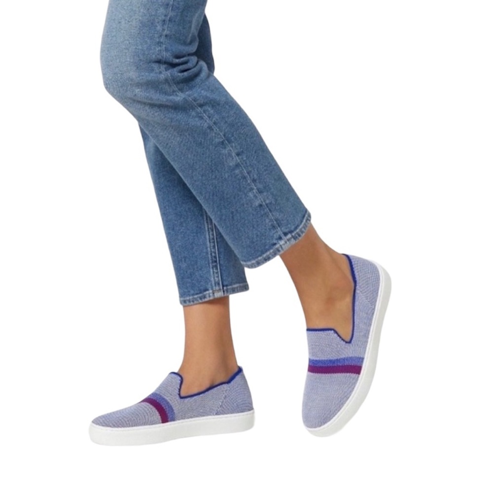 Rothy’s sneakers casual slip on light blue & maroon reflection strip 8